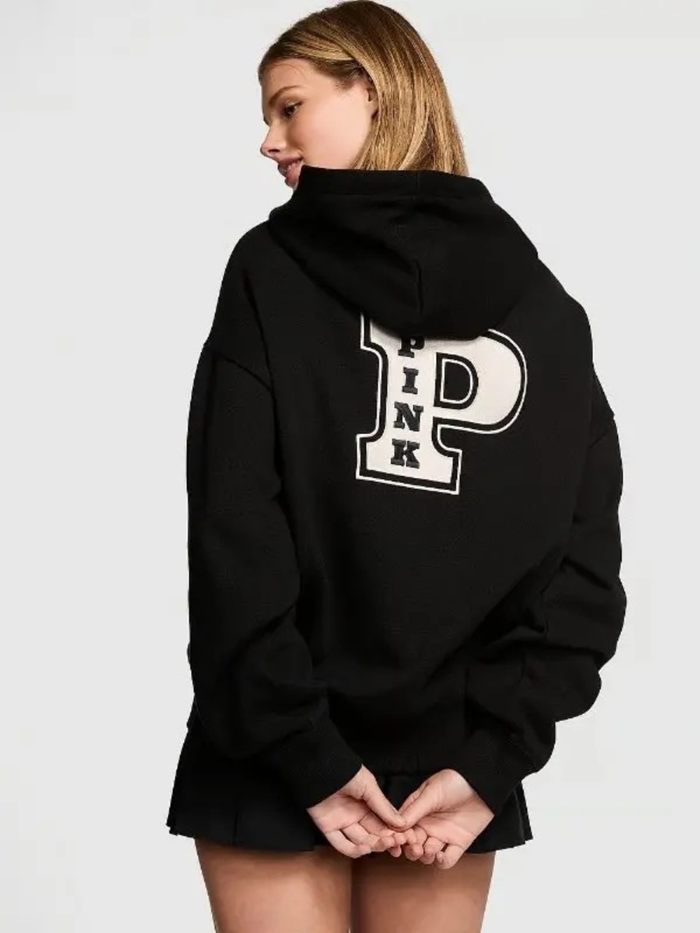PINK Victoria's Secret Black Hooded Sweatshirt with White P Patch